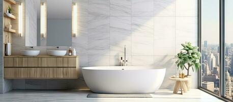 a panoramic bathroom with white and mosaic walls tiled floor comfortable bathtub white sink with wooden cabinet and mirror photo