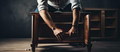 A person assembles furniture using their hands photo