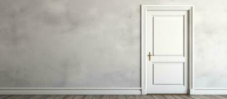 White wooden door with gold doorknob on gray wall photo