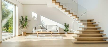 Modern house with white walls has a spacious room with a stairway that leads to a glass door living room photo