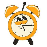 Alarm groovy character. Cartoon wake up clock character vector illustration. Nostalgia, back to school. Contour flat retro classic cartoon style of 60s 70s.