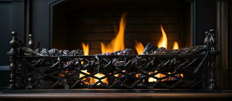 Black metal fireplace tool set with twisted wire handles against a blurred background photo