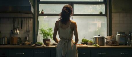 Woman in home kitchen viewed from behind working photo