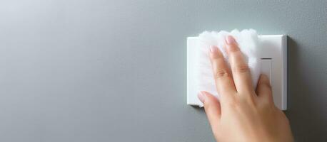 Woman hand using wet wipe to disinfect electric switch on grey wall photo