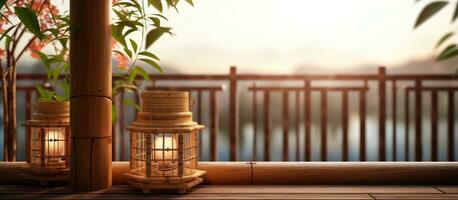 Balcony adorned with bamboo lantern photo