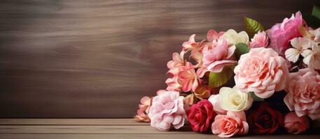maravilloso falso flores en madera fondo foto