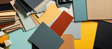 Top view composition of interior design material samples on a colored background photo