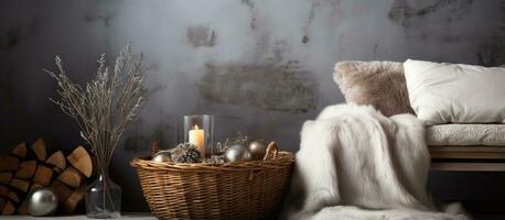 Winter themed living room decoration featuring reindeer fur photo