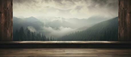 Window in a wooden wall amidst forest and clouds photo