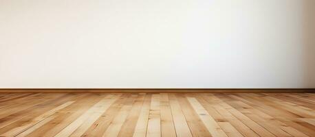 Empty room background featuring a white wall and brown wooden floor photo