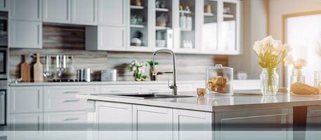 Modern and elegant kitchen interior design in a defocused and blurry photo