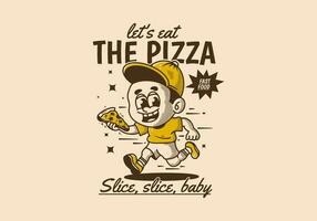 vamos comer el pizza, ilustración de un pequeño chico corriendo y participación un rebanada de Pizza vector