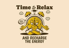 Time to relax and recharge energy, alarm clock mascot character in meditation pose vector