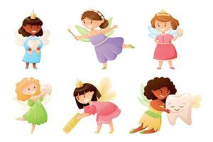 Cartoon girl character, tooth fairy with wings and crown. Vector set of isolated illustrations.