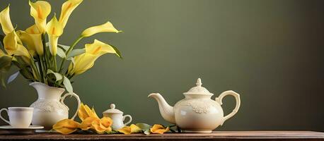 Calla lilies arranged with tea service in yellow photo