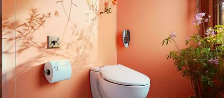 Corner bidet cabin with wall mounted shower attachment including toilet and details photo