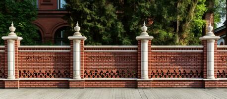 Red brick fence with modern decorative columns photo