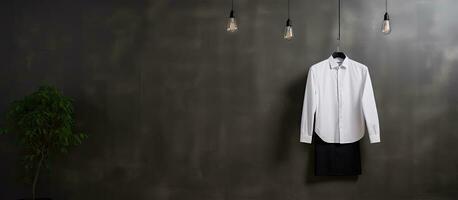 un negro traje y blanco camisa fueron colgando en el habitación foto