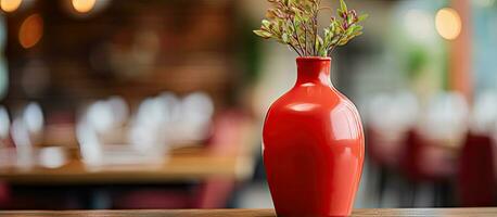 blurred background in a restaurant behind a red vase on a table photo