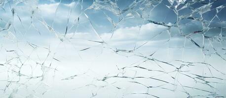 Cloudy sky reflecting on dirty broken glass window with a dusty background clear white sky on backdrop photo