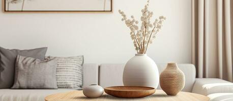 Modern contemporary interior with a table adorned by a vase tablecloth coasters wicker balls cone in a living space containing a TV in an apartment or house photo