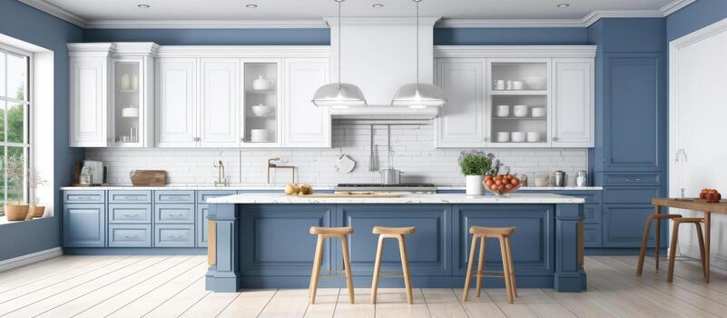 Stunning personalized kitchen design with blue color scheme visualized in a drawing and photo blend