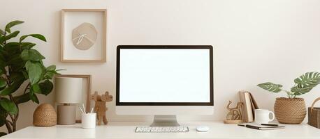 White table with computer coffee cup and picture frame in a stylish workspace photo