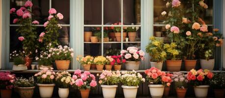 Potted flowers displayed in a shop s window photo