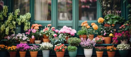 Potted flowers displayed in a shop s window photo
