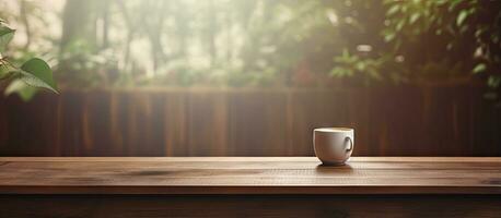 Morning ambiance in a coffee shop or sleek cafe with a window side wooden table photo