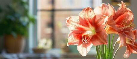 Gorgeous hippeastrum blooming indoors or outdoors with orange veins on petals and pollen covered stamens Vibrant close up floral image inspiring and uplifting photo