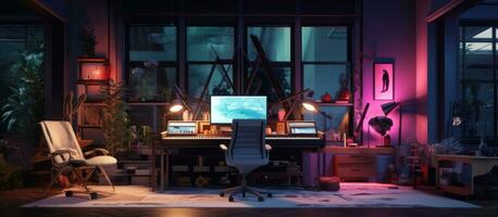 Nighttime studio with cozy style and RGB lighting creates a warm romantic atmosphere and includes work ready equipment photo