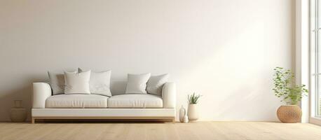 minimalista blanco habitación con sofá en de madera piso decoración en grande pared y blanco paisaje ver mediante ventana nórdico hogar interior visual representación foto