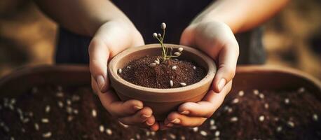 Woman planting seeds up close photo