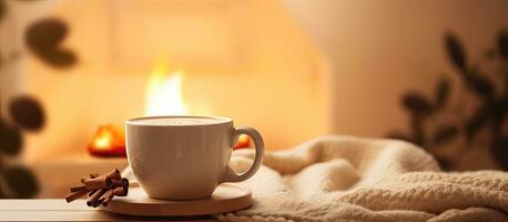 Hot cappuccino near fireplace in cozy room photo