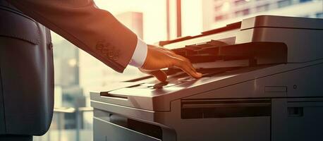 Office workers utilize a panel to operate a printer or photocopier for scanning and printing documents photo