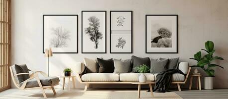 Minimalist living room with pastel black and metallic silver color 8 frames on the wall furnishings and plants ing poster gallery wall photo