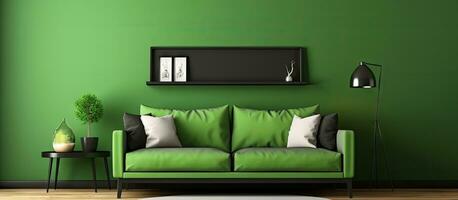 Modern interior room rendered in featuring a sofa floor lamp shelves carpet on black wooden floor and an empty picture frame on a green wall photo