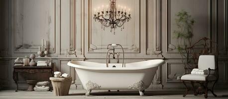 Elegant classical style bathroom with sink and bathtub photo