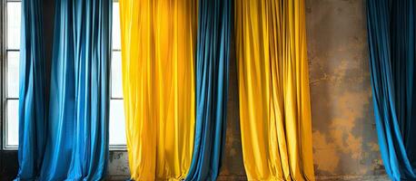 Drapes of yellow and blue adorning a window photo