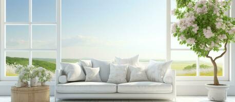 Scandinavian interior design Sofa in white living room with window showing summer landscape illustration photo