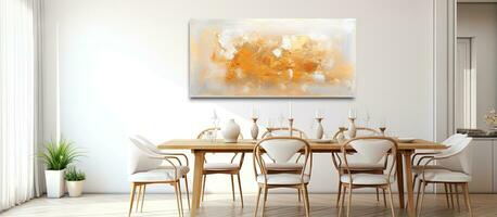 Dining table chairs in bright open space with sofa and gold painting on wall photo