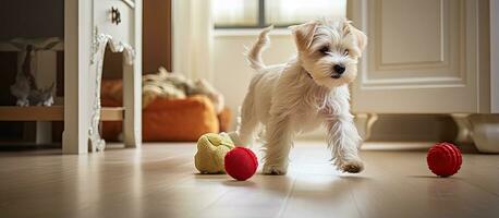 un juguete siendo jugado con por un blanco perro adentro foto