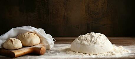 Uncooked bread dough placed on table photo