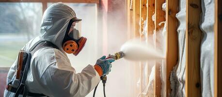 Man worker using plural component gun to spray polyurethane foam inside wooden frame house for insulation photo