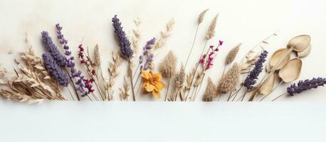 Arrangement of dried flowers against a white wall photo