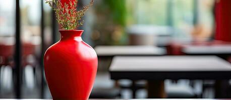 blurred background in a restaurant behind a red vase on a table photo