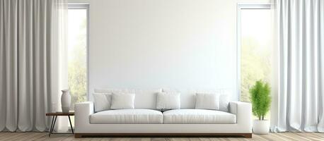 minimalista blanco vivo habitación con de madera piso marcos en un grande pared y un blanco paisaje visto mediante un ventana con cortinas nórdico estilo hogar interior representación foto