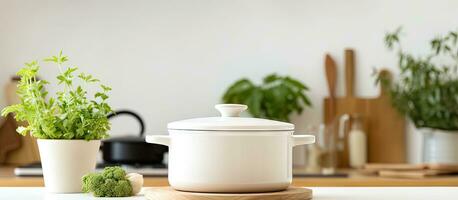 White cooking pots in a kitchen photo