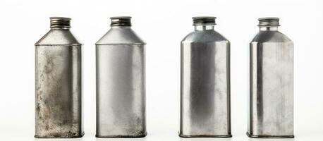 Tres metálico botellas desplegado en un llanura blanco superficie foto